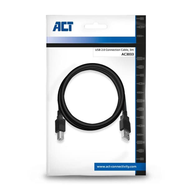 USB-kabel - ACT - AC3033 - 3 m - USB A - USB B - Svart