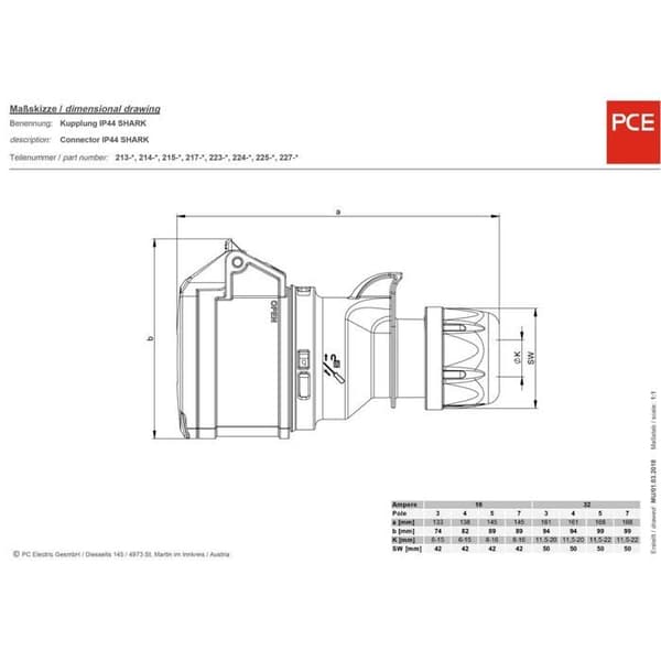 CEE 16 A - PCE - Hona - 5 poler - 400 V - IP44