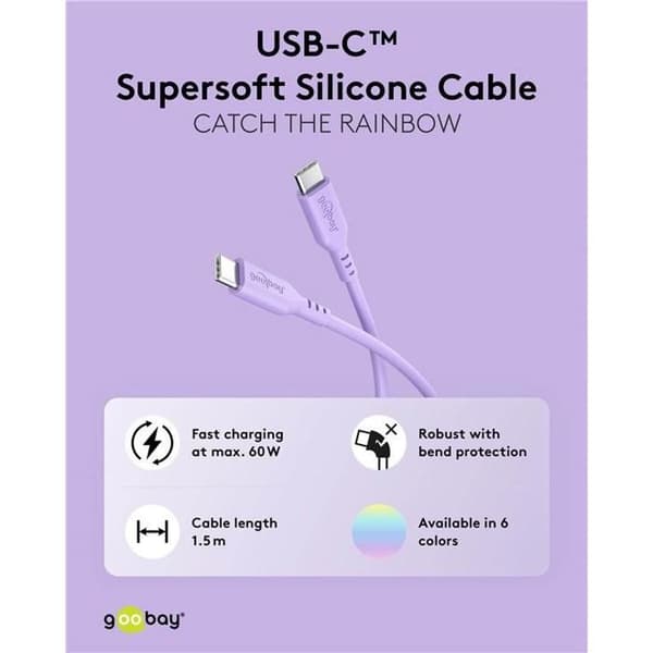 USB-C™ kabel i mjukt och robust silikon 1,5 m pastell-lila
