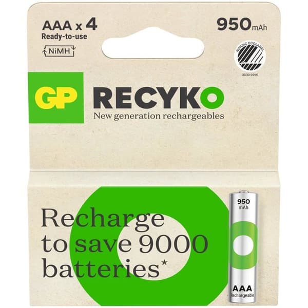 Batteri GP Recyko NiMH AAA HR03 950mAh, paket om 4
