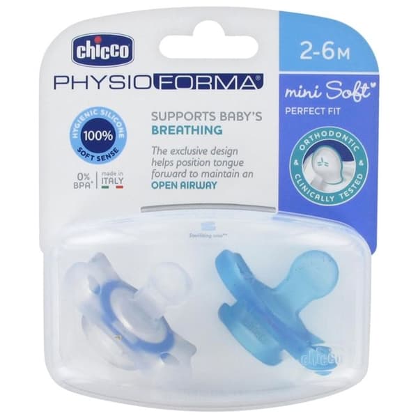 Chicco PhysioForma Mini Soft Physiological Napp i Blå Silikon Set om 2 - Från 2 månader