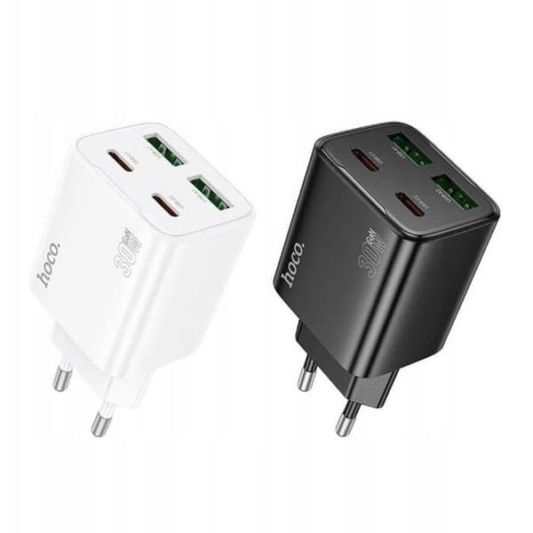 Nätadapter - HOCO - N56 - 2xUSB-C 2xUSB-A - QC3.0 PD 30W 3A - Vit