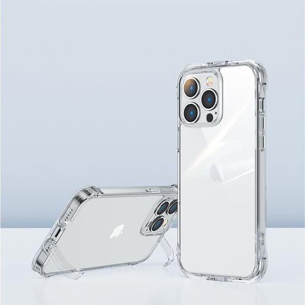 Transparent skyddsfodral för iPhone 14 Pro Max, med krokar och inbyggt stativ.
