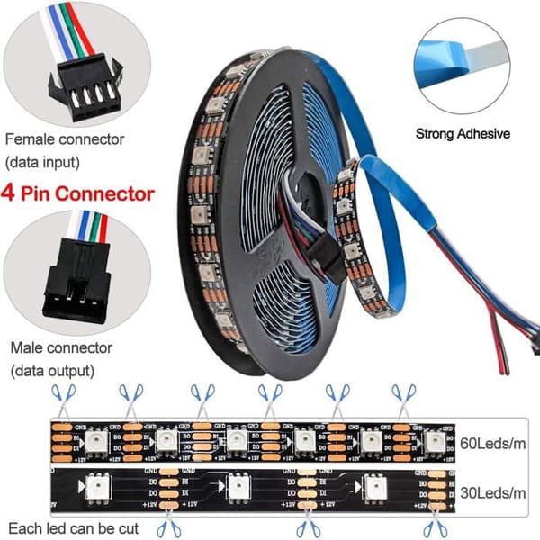 LED-stripe 12V WS2815 5m RGB Flexibel 300 LEDs Programmerbar