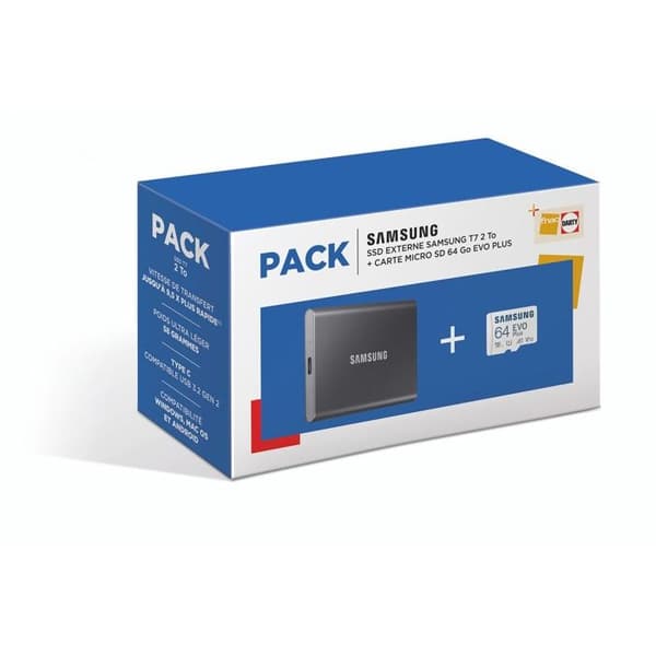 Extern SSD Samsung Extern SSD Pack T7 2 TB Grå + Samsung Evo 64 GB microSD-kort