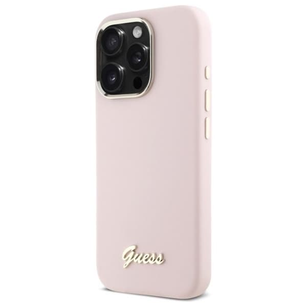 Coque för iPhone 16 Pro Max - Guess Silicone Script Logo och metallram (GUHCP16XSMSMBSLP) - Ljusrosa