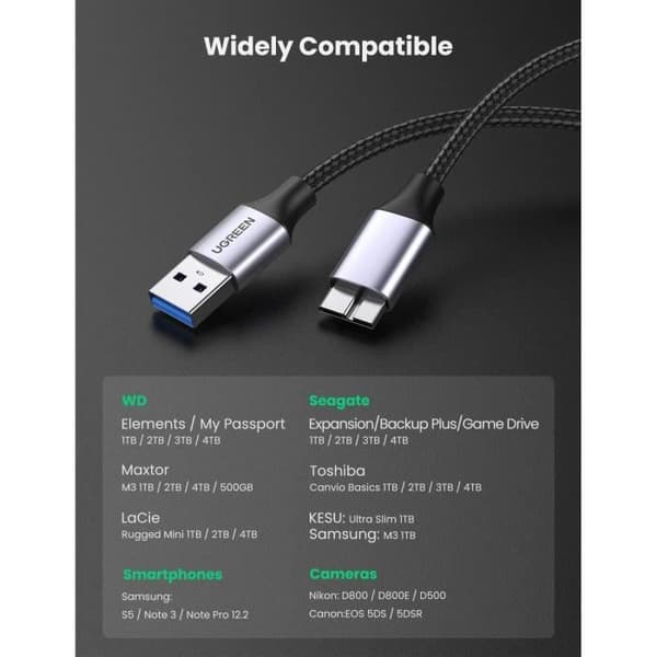 USB 3.0-kabel - UGREEN - A till Micro B - 0,5 m - Flätad nylon - 5 Gbps - Laddning 2A