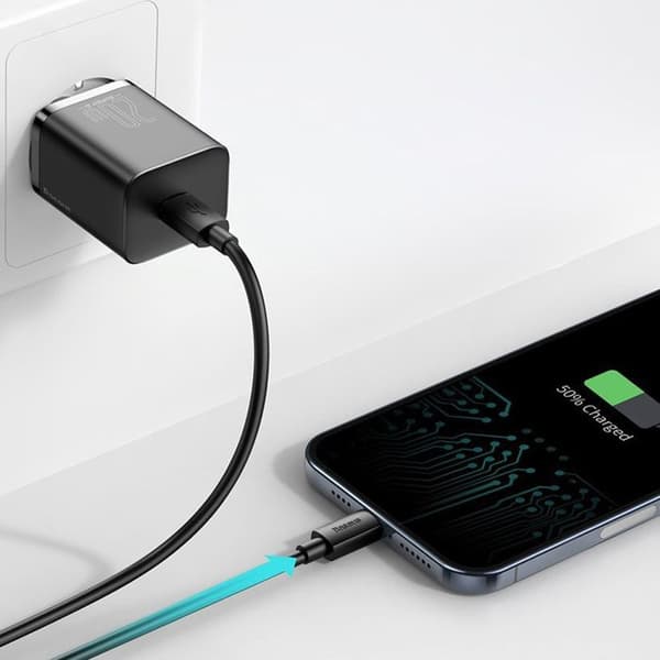 Baseus 20W Fast Wall Charger + Lightning USB-C-kabel för iPhone 13 12 Pro Max 11 Mini 8 Plus Svart