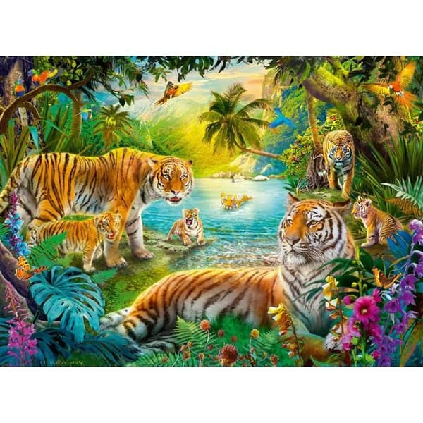 Pussel - RAVENSBURGER - Tigrar i oasen - 500 bitar - 49 x 36 cm - Tema Djur