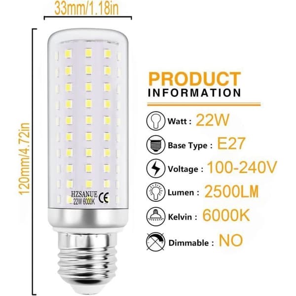 LED-lampa - HZSANUE - 22W - E27 - 6000K (Kallvit) - Pack om 3