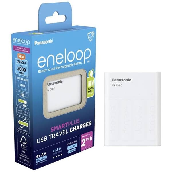 Panasonic BQ-CC87 +4x eneloop AA NiMH rund batteriladdare LR03 (AAA), LR6 (AA)