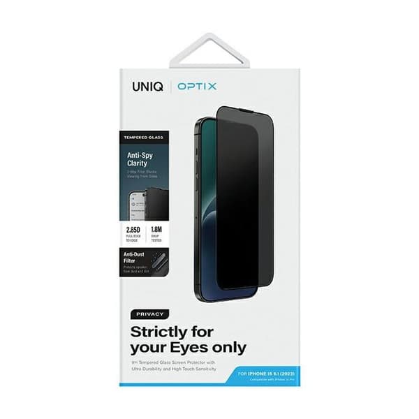 Härdat glas - UNIQ - Optix Privacy - iPhone 15 - Antispion - med applicator