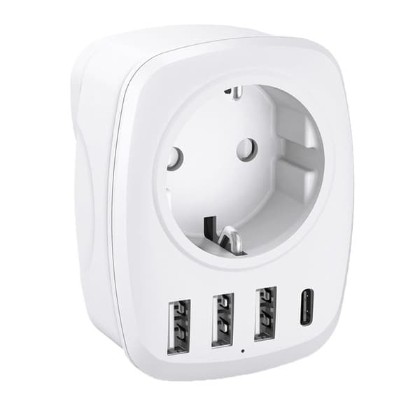EU/UK reseadapter - 4 USB-portar - Vit - Voltman