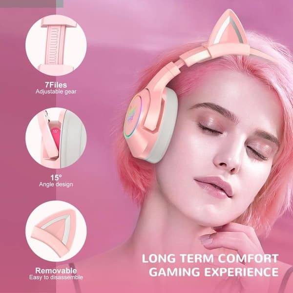Spelheadset - ONIKUMA - K9 - Trådad - Mikrofon - Rosa med katteröron