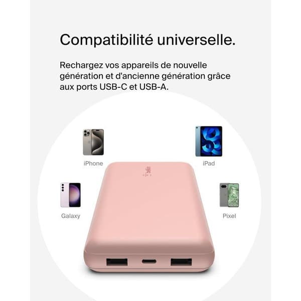Extern batteri - BELKIN - 20 000 mAh - USB-A & USB-C - 15 W - Rosa