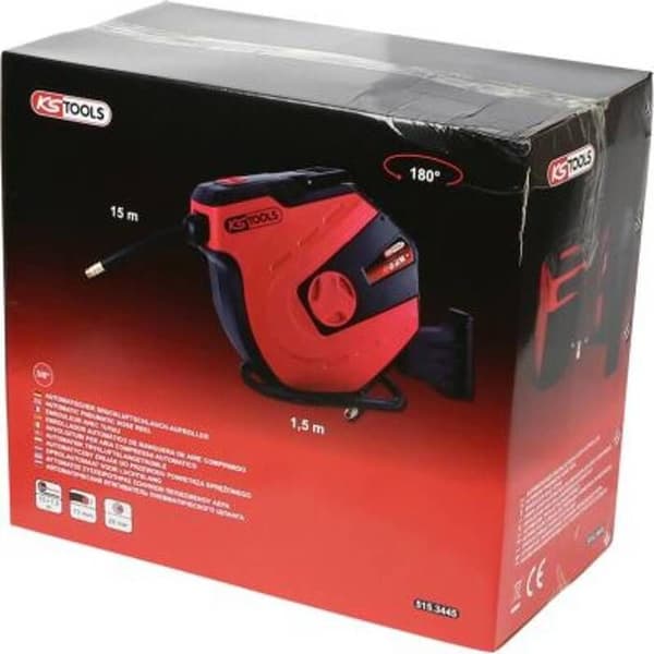Slangsrulle - KS TOOLS - Väggmonterad - 15m - 3/8 tum - 180° vridbart stöd