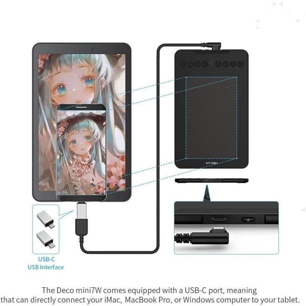 Grafiktablett - XP-PEN - Deco Mini 7W - 7 tum - Bluetooth - Trådlös anslutning