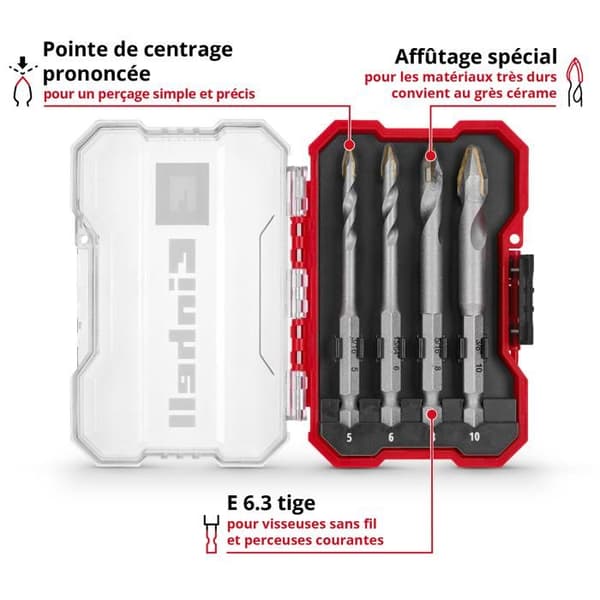 Borrset kakel - EINHELL - TC XS-CASE - 4 delar (5/6/8/10 mm) - E 6.3 hex skaft - HM karbidplattor