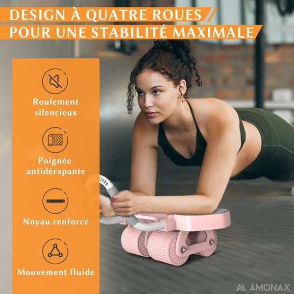 Abdominalhjul (Ab Roller) - AMONAX - Konvertibel - 2 stabilitetsinställningar - Bärbar och lätt - Rosa Pro
