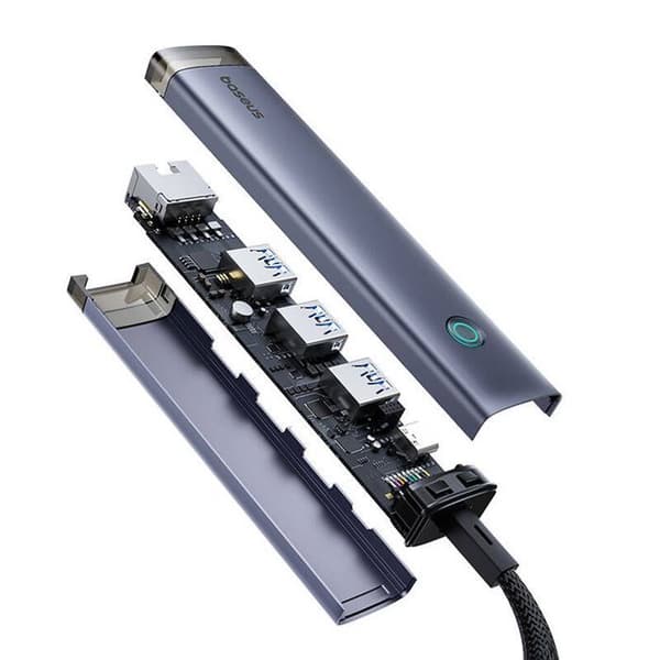 USB-hub 4 i 1 - BASEUS - UltraJoy - Ingång USB-A/USB-C - 3×USB 3.0 - USB-C + RJ45 (grå)