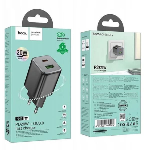Laddare - HOCO - N41 - USB-A + USB-C - QC3.0 - PD 20W