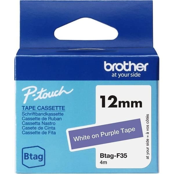 Tejp - BROTHER - BTAGF35 - Vit på lila - 12 mm - Olaminerad