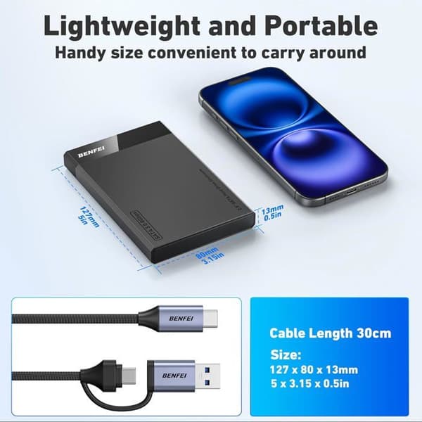 BENFEI Hårddisklåda 2.5, USB C/ USB A till SATA 2,5", för SSD och HDD 6 Gbps, Stöder UASP SATA III.