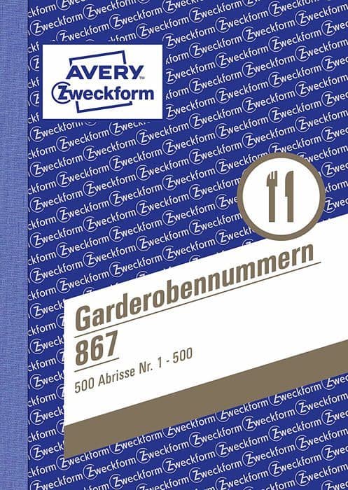 Avery Dennison — Set med 5 numrerade garderobskvitton 1–500, 5 färger, A6-format (ref. 867-5)