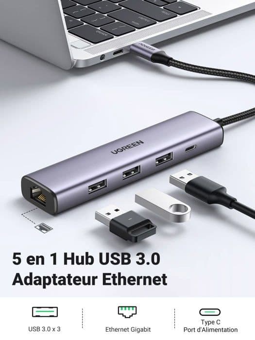 5-i-1-adapter - UGREEN - CM475 - 3 USB 3.0-portar - Ethernet-port - USB-C