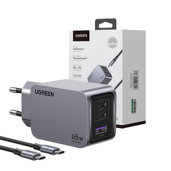 Ugreen Nexode Pro 65W Vägghylla 2xUSB-C 1xUSB-A med 1,5M USB-C-kabel Grå