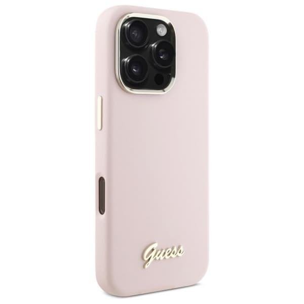 Coque för iPhone 16 Pro Max - Guess Silicone Script Logo och metallram (GUHCP16XSMSMBSLP) - Ljusrosa