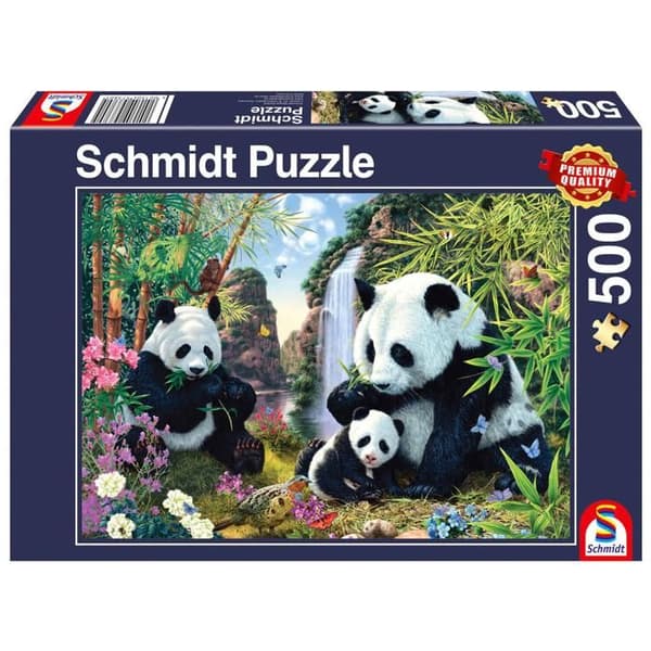 Pussel 500 bitar: Pandafamiljen vid vattenfallet