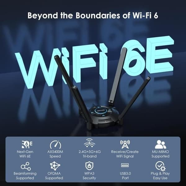 WiFi 6E-adapter - WAVLINK - AX5400 - 5377 Mbps - USB 3.0 - Svart