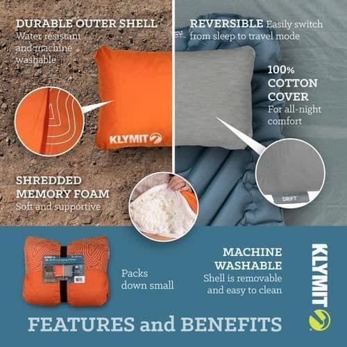 Campingkudde - Klymit - Drift Camp Large - Polyester/Cotton - Orange - Vattentålig