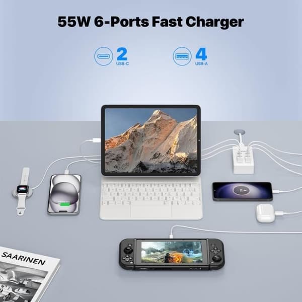 USB-laddare - SCCVEE - 55W - 6 portar - 2 USB-C - 4 USB-A - Snabbladdning