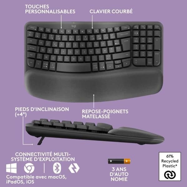 Tangentbord - Trådlöst - Logitech - Wave Keys - AZERTY - Ergonomisk - Handledsstöd
