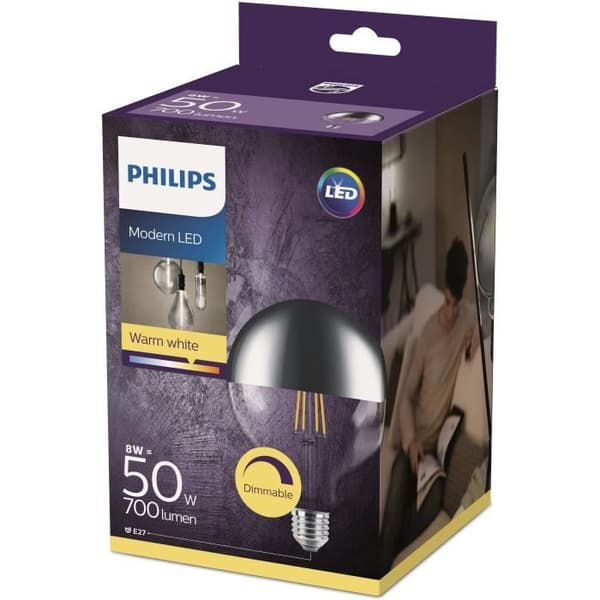 PHILIPS LED Globe Filament Silver Cap 8 motsvarande 50W E27 - Klar varmvit kompdimmer