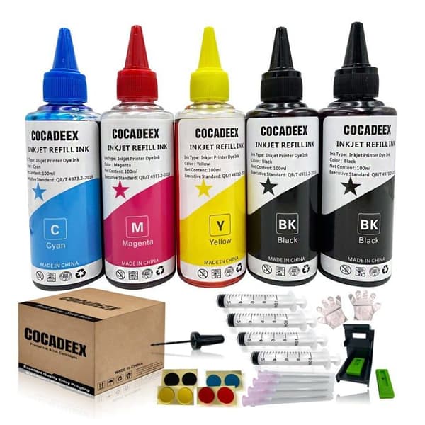 Bläckflaskor - COCADEEX - Kit med 5 flaskor 200/100 ml - Kompatibel med HP DeskJet/ENVY/OfficeJet - Påfyllningsbara/CISS
