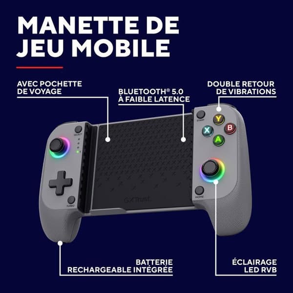 GXTrust Manette Smartphone Bluetooth - Trust GXT 735 Mylox - Android/iPhone/PS5/Xbox - RGB - Dubbel vibration - Grå