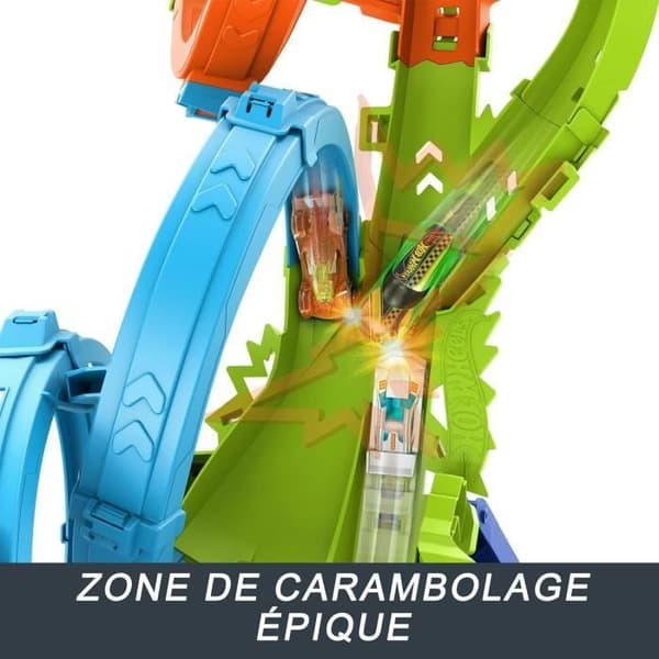 Hot Wheels Ultra Crash Looping-set med 4 loopar, 3-vägs kraschzon och motoriserad propeller, kan fällas ihop för förvaring.