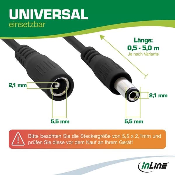DC förlängningskabel - INLINE - 26801B - Kontakt 5,5x2,1 mm - 1 m - Hane/Hona