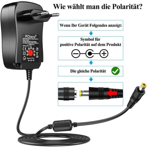 Universell 30W switchad strömförsörjning med 9 adaptermunstycken, 2000mA max.