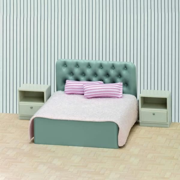 Lundby Basic Sovrum för dockhus - Dubbel säng med huvudgavel, enkelsängar, kuddar & filtar (blå)