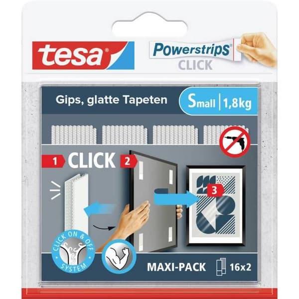 Fixering - TESA - Powerstrips CLICK - 16 bitar - 60 mm x 20 mm - Mångsidig användning