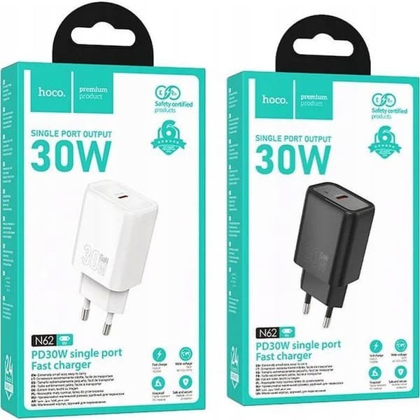 Laddare - väggadapter Hoco Väggladdare Typ C PD QC 30W N62 vit