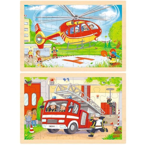 Pussel - GOKI - Vändbart pussel helikopter och brandmän - 24 bitar - Trä - Vändbart 2 mönster
