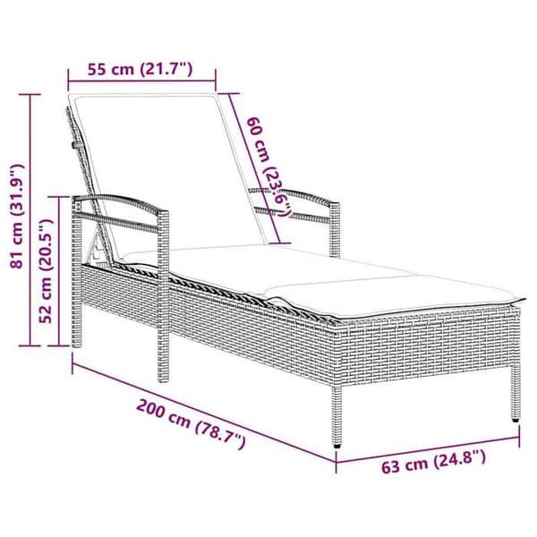 vidaXL | Fällstol | med kudde 1-persons Grå 63 x 200 x 81 cm polyrotting 368305