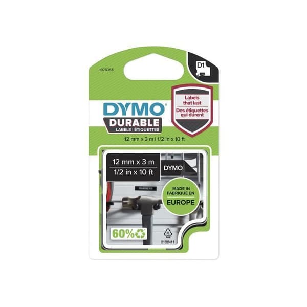 DYMO - LabelManager slitstark D1 tejpkassett - Vit/svart - 12mm x 3m
