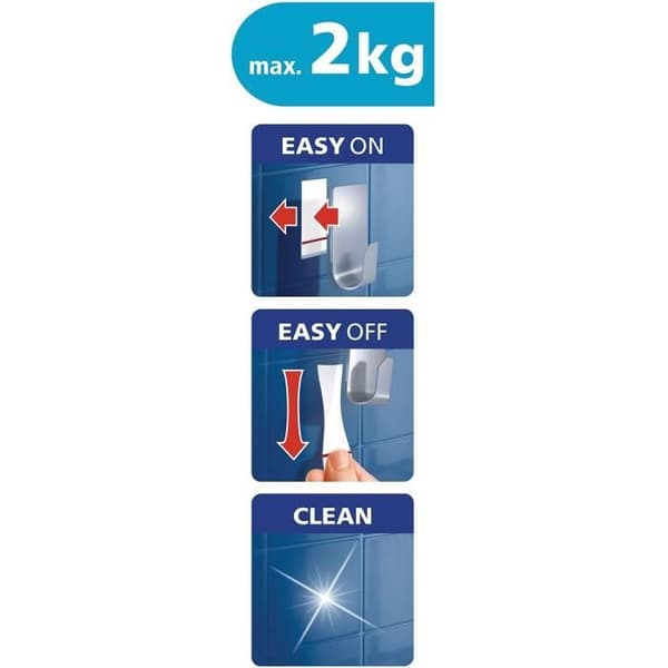 TESA 1 rektangulär krok - Metall + 2 Powerstrips krokar - vattentät