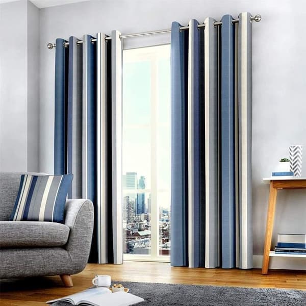 Vertical Stripe Blue Grå Beige Helfodrad 168cm X 137cm - Ringgardiner